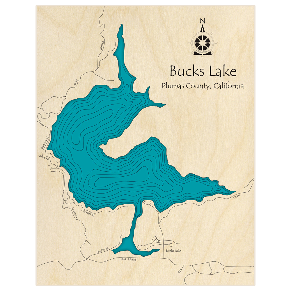 Bathymetric topo map of Bucks Lake  with roads, towns and depths noted in blue water