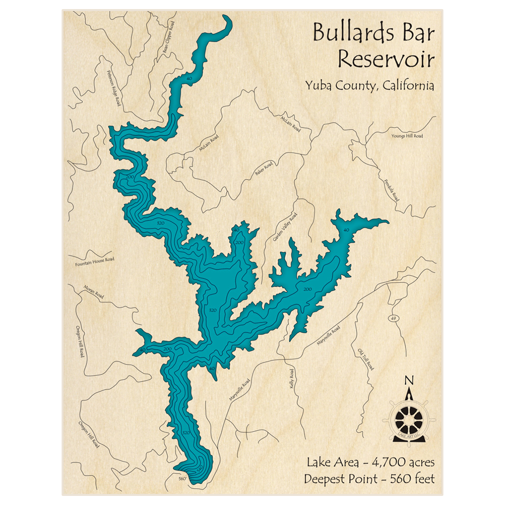 Bathymetric topo map of Bullards Bar Reservoir with roads, towns and depths noted in blue water