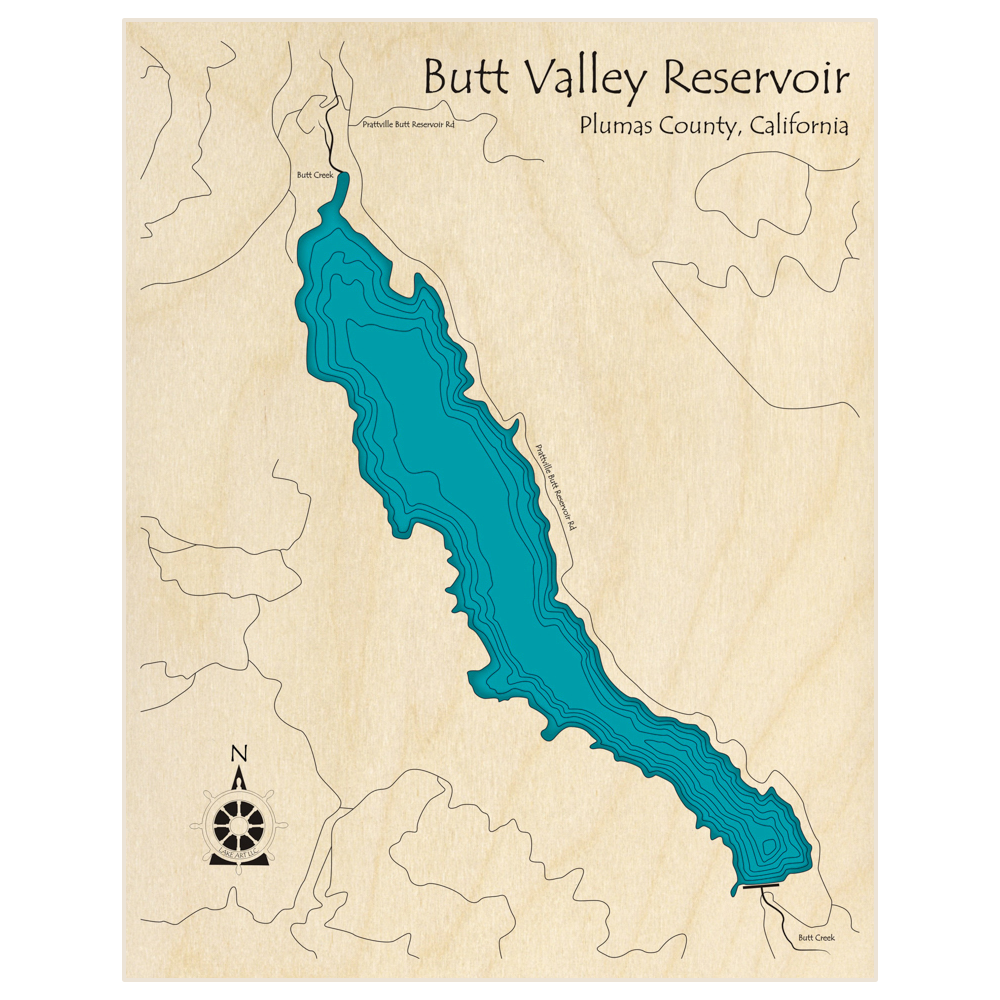 Bathymetric topo map of Butt Valley Reservoir  with roads, towns and depths noted in blue water