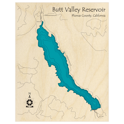Bathymetric topo map of Butt Valley Reservoir  with roads, towns and depths noted in blue water