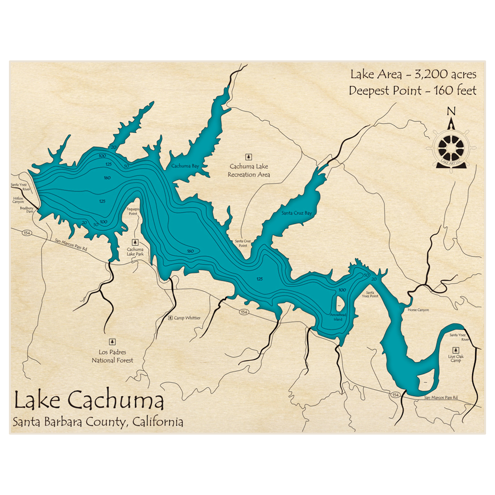 Bathymetric topo map of Lake Cachuma with roads, towns and depths noted in blue water