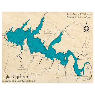 Bathymetric topo map of Lake Cachuma with roads, towns and depths noted in blue water