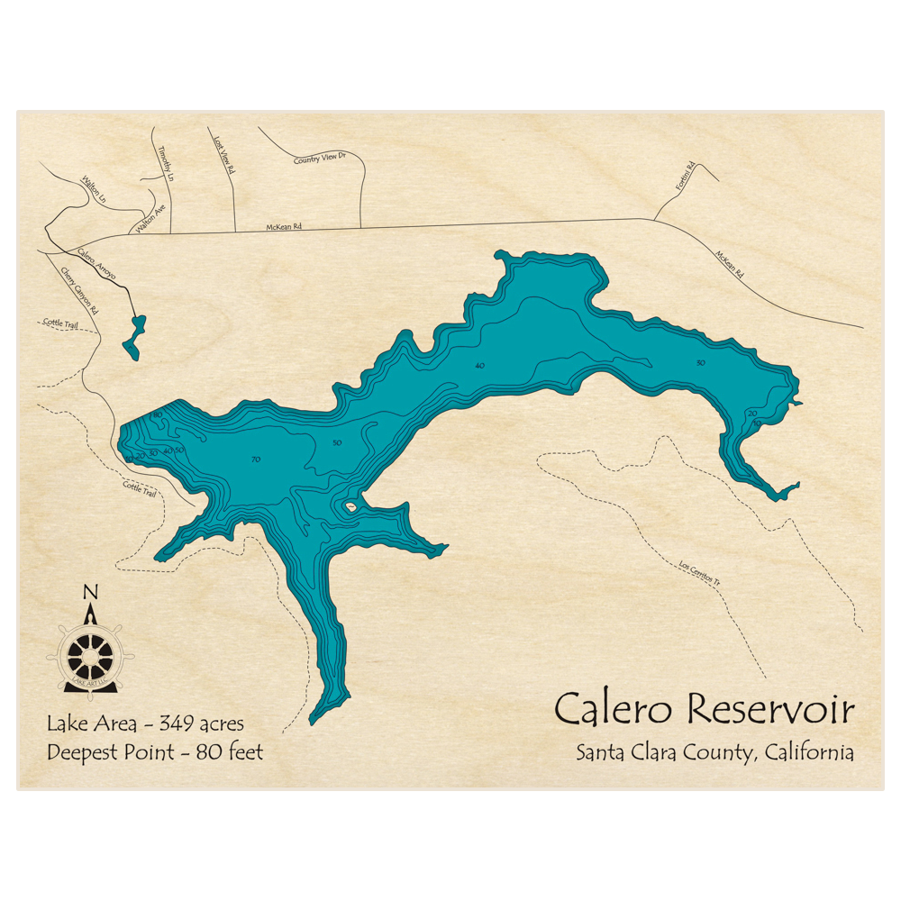 Bathymetric topo map of Calero Reservoir with roads, towns and depths noted in blue water