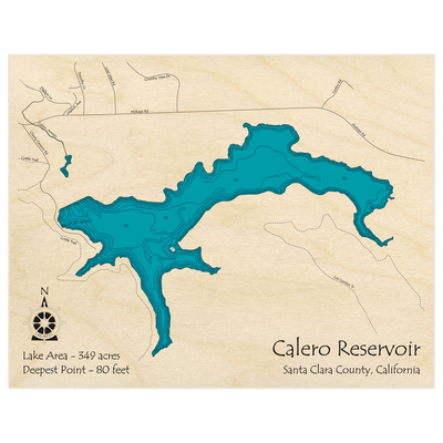Bathymetric topo map of Calero Reservoir with roads, towns and depths noted in blue water