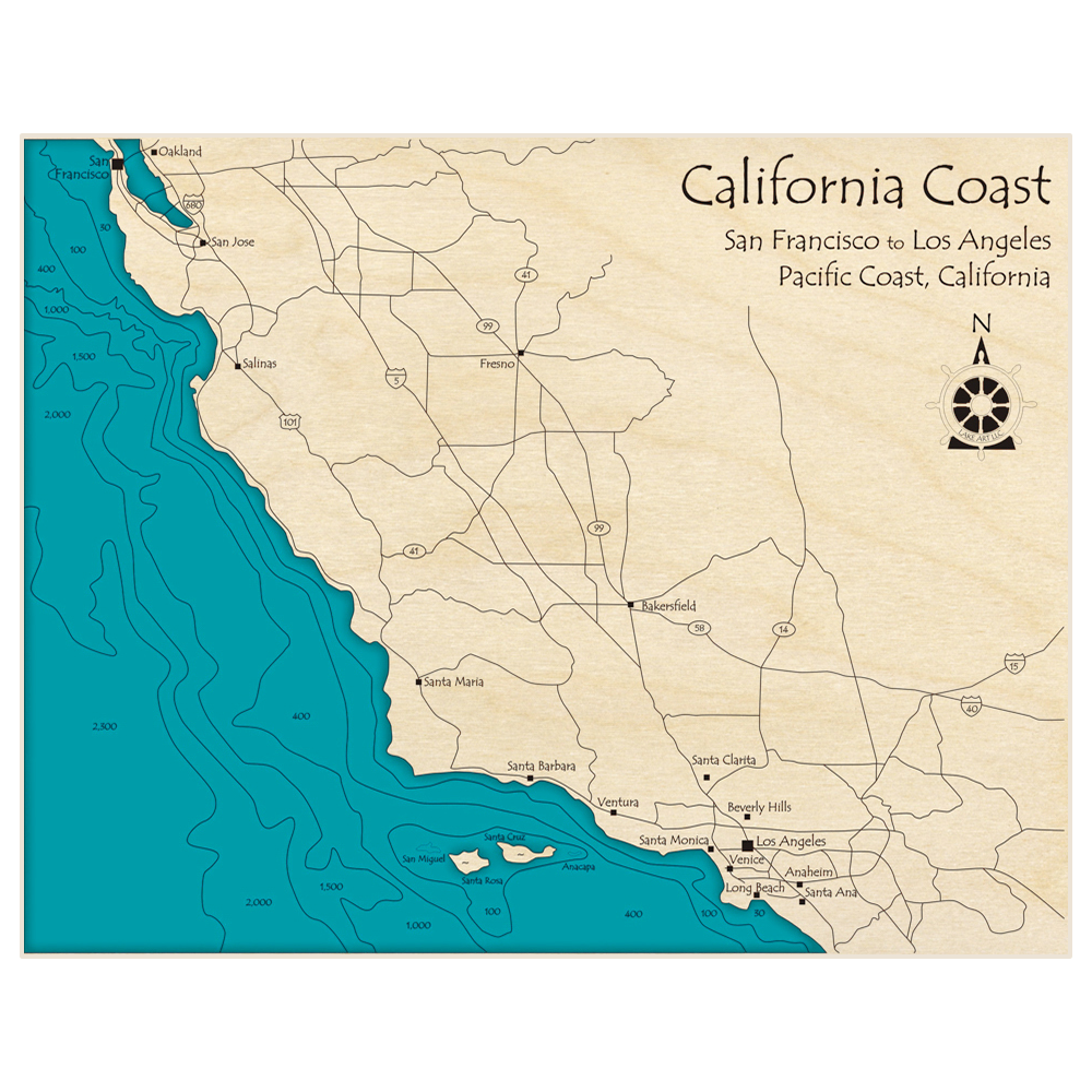Bathymetric topo map of California Coast (San Francisco to Los Angeles) with roads, towns and depths noted in blue water