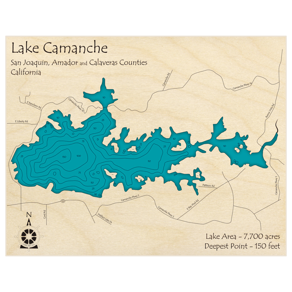 Bathymetric topo map of Lake Camanche with roads, towns and depths noted in blue water