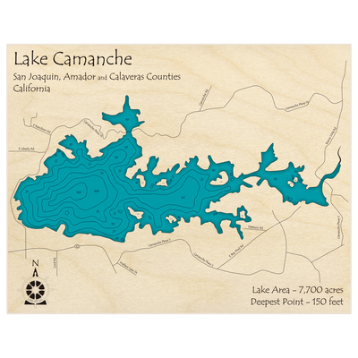 Bathymetric topo map of Lake Camanche with roads, towns and depths noted in blue water