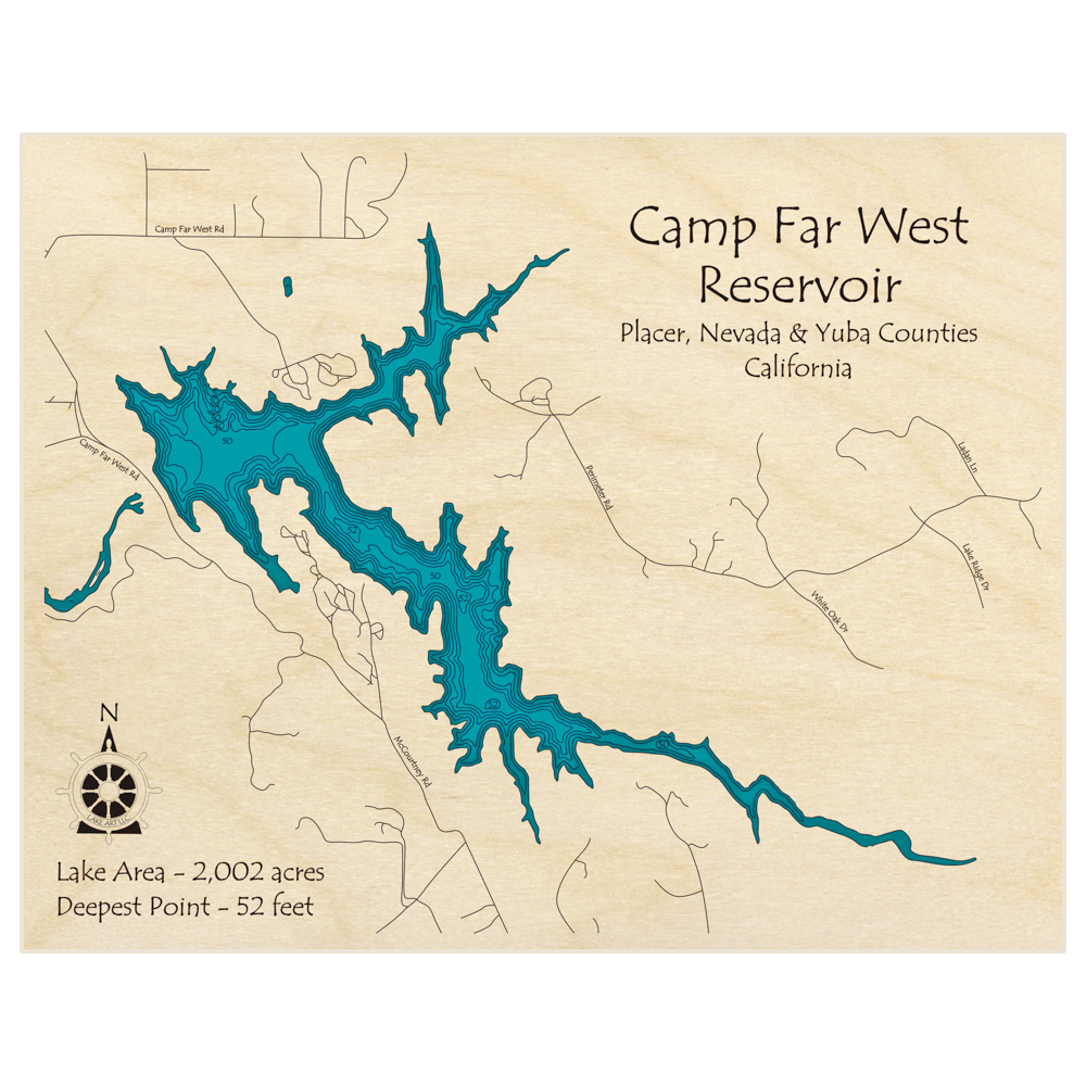 Bathymetric topo map of Camp Far West Reservoir with roads, towns and depths noted in blue water