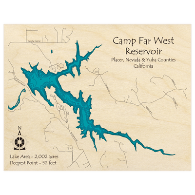 Bathymetric topo map of Camp Far West Reservoir with roads, towns and depths noted in blue water