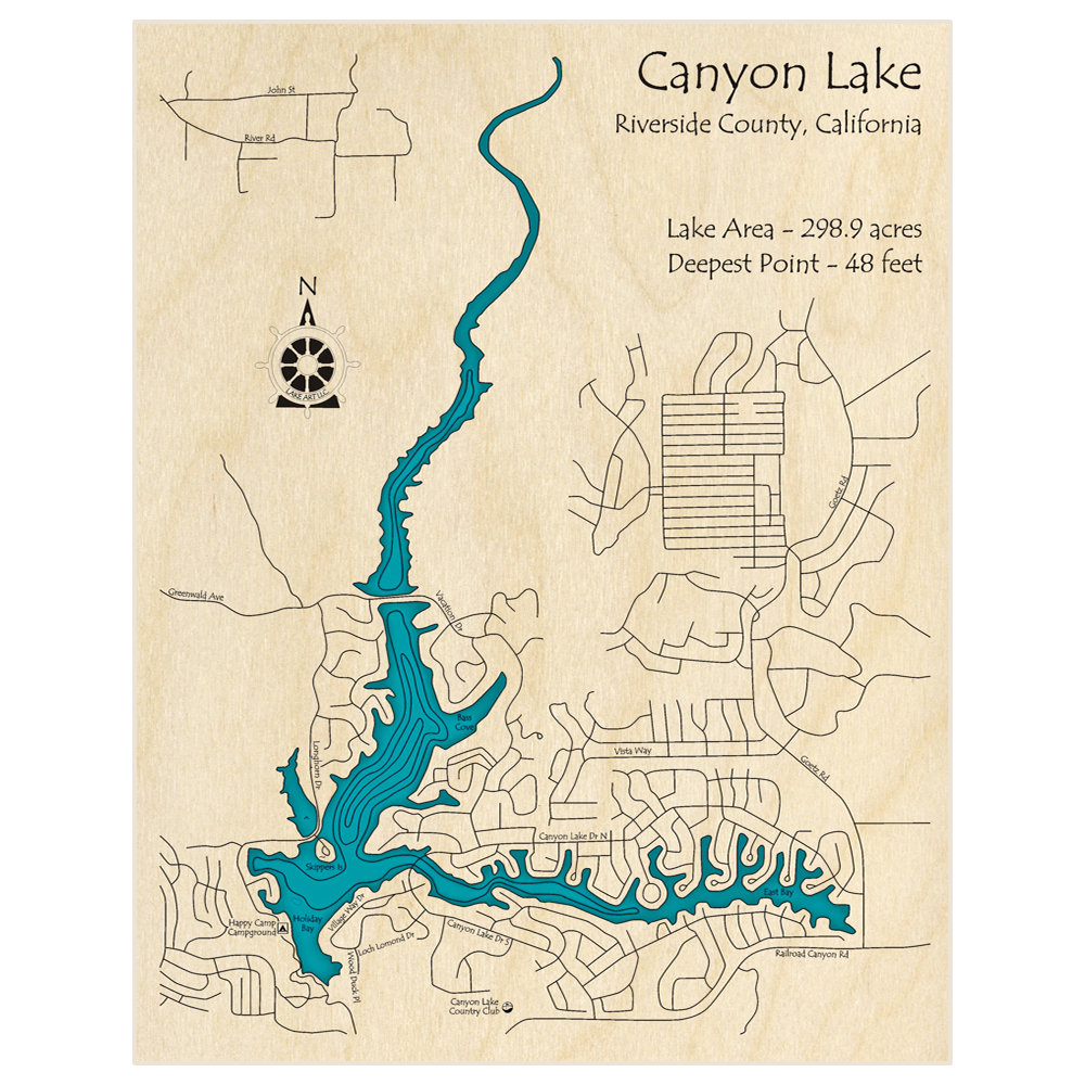 Bathymetric topo map of Canyon Lake with roads, towns and depths noted in blue water
