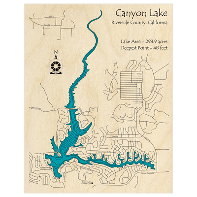 Bathymetric topo map of Canyon Lake with roads, towns and depths noted in blue water