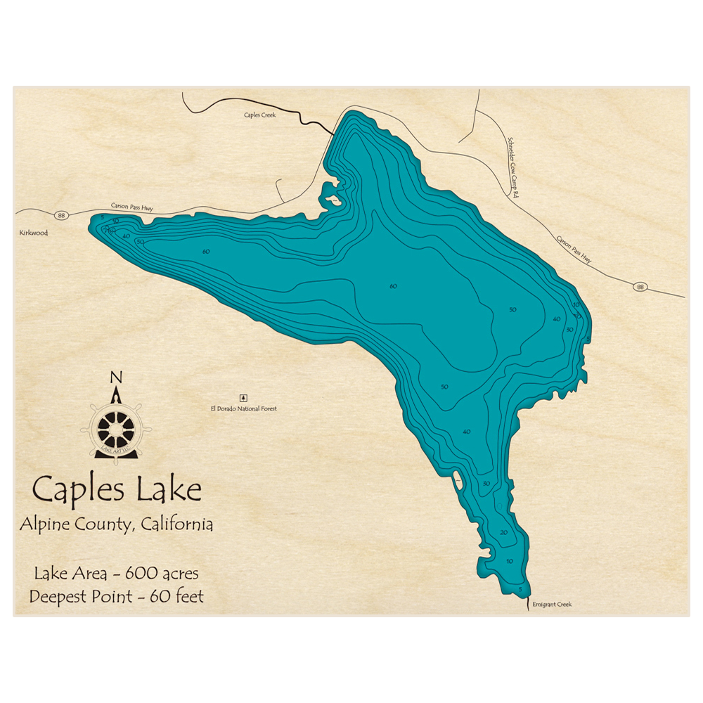 Bathymetric topo map of Caples Lake with roads, towns and depths noted in blue water