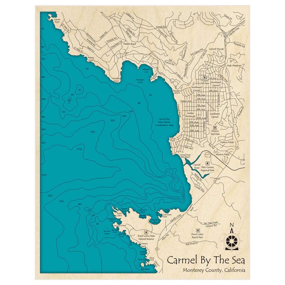 Bathymetric topo map of Carmel By The Sea with roads, towns and depths noted in blue water