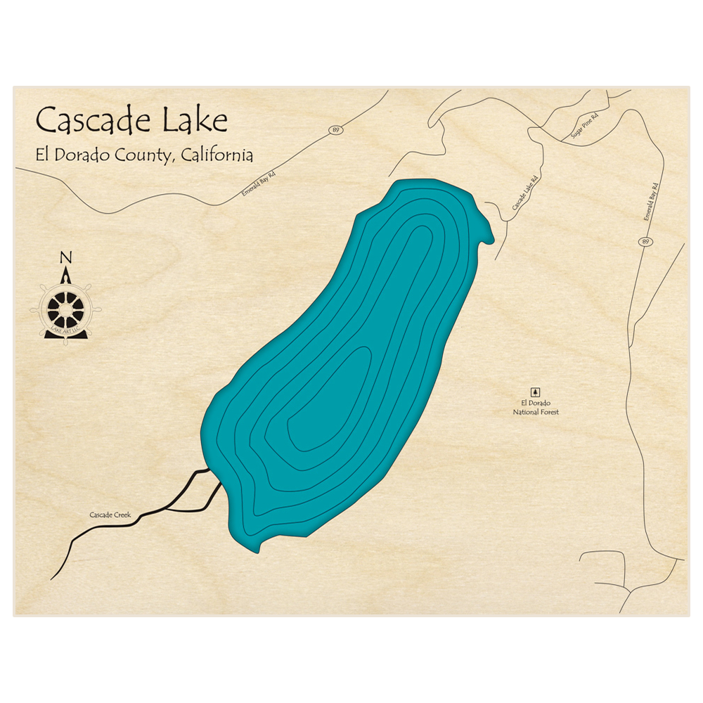 Bathymetric topo map of Cascade Lake  with roads, towns and depths noted in blue water