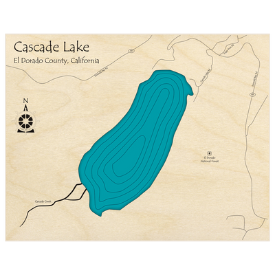 Bathymetric topo map of Cascade Lake  with roads, towns and depths noted in blue water