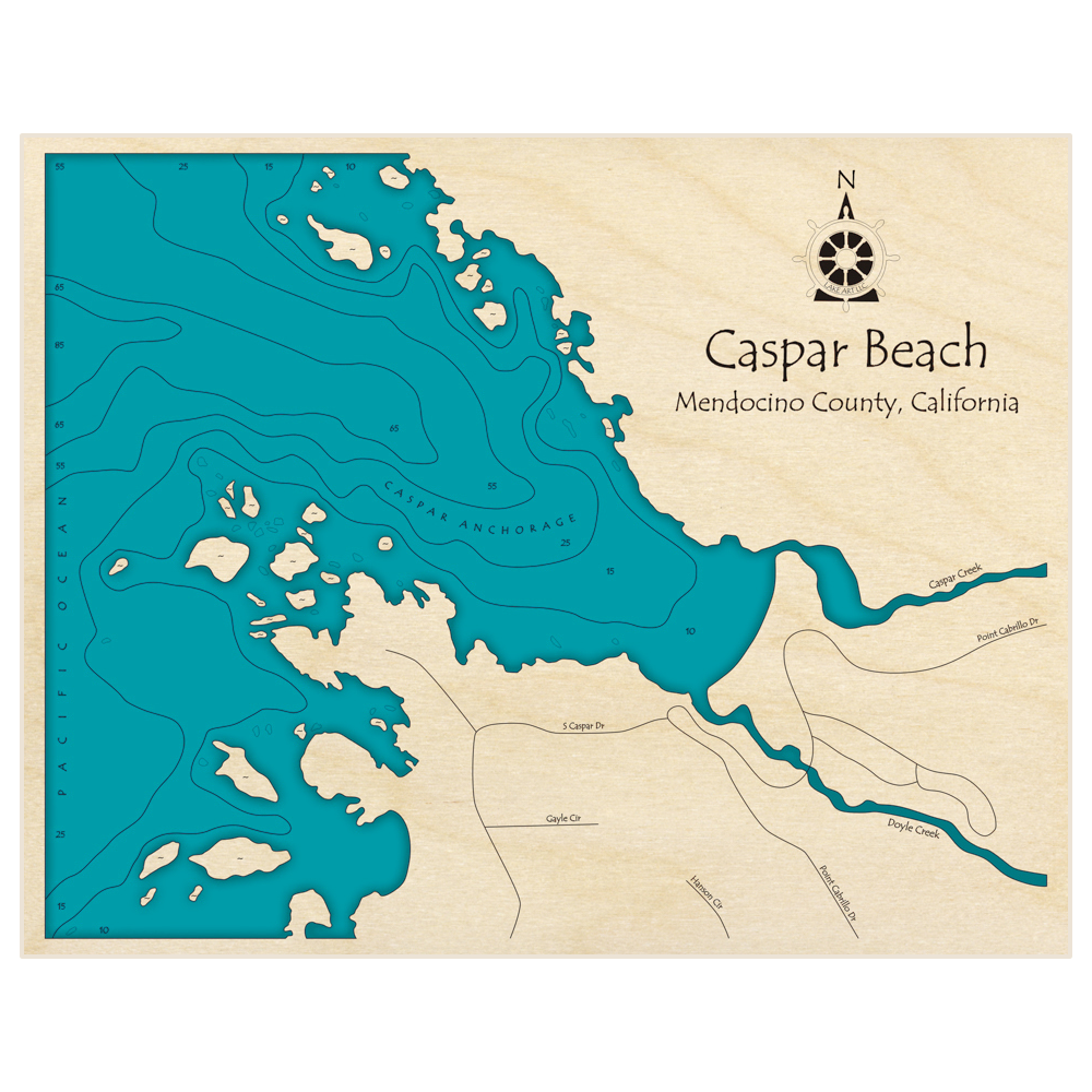 Bathymetric topo map of Caspar Beach with roads, towns and depths noted in blue water