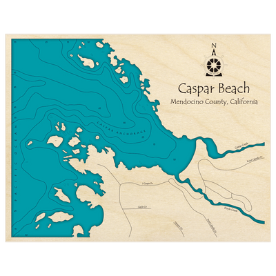 Bathymetric topo map of Caspar Beach with roads, towns and depths noted in blue water