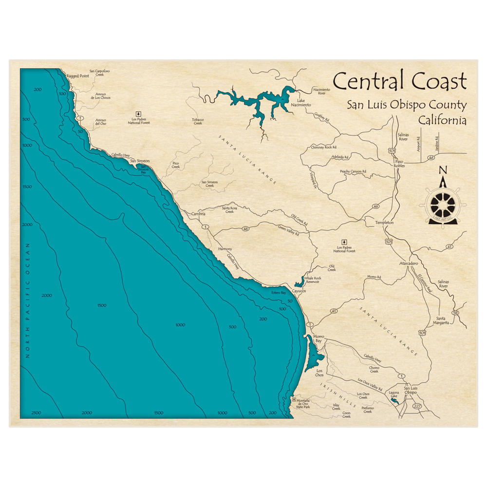 Bathymetric topo map of Central Coast (Ragged Point to Morro Bay) with roads, towns and depths noted in blue water