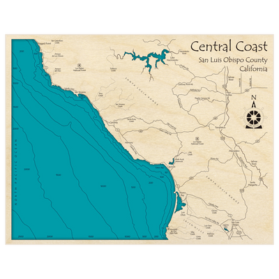 Bathymetric topo map of Central Coast (Ragged Point to Morro Bay) with roads, towns and depths noted in blue water