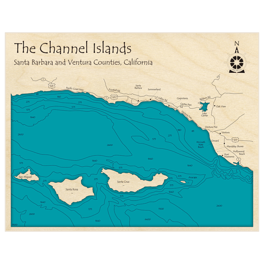 Bathymetric topo map of Channel Islands and Santa Barbara Coast with roads, towns and depths noted in blue water