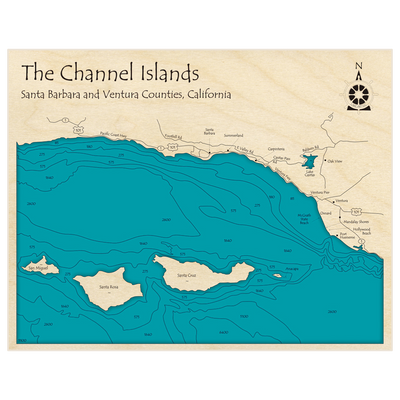 Bathymetric topo map of Channel Islands and Santa Barbara Coast with roads, towns and depths noted in blue water