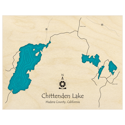 Bathymetric topo map of Chittenden Lake And Shirley Creek  with roads, towns and depths noted in blue water