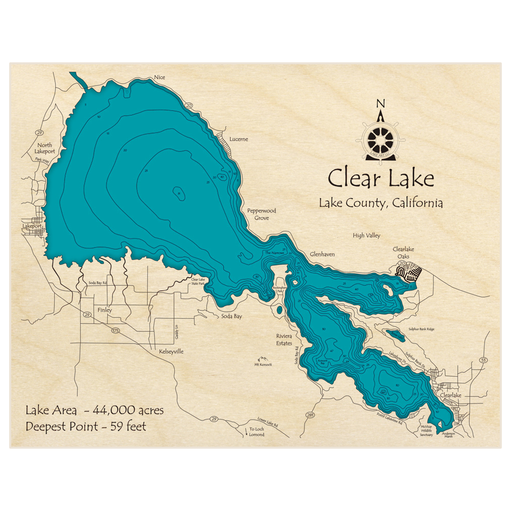 Bathymetric topo map of Clear Lake with roads, towns and depths noted in blue water