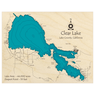 Bathymetric topo map of Clear Lake with roads, towns and depths noted in blue water