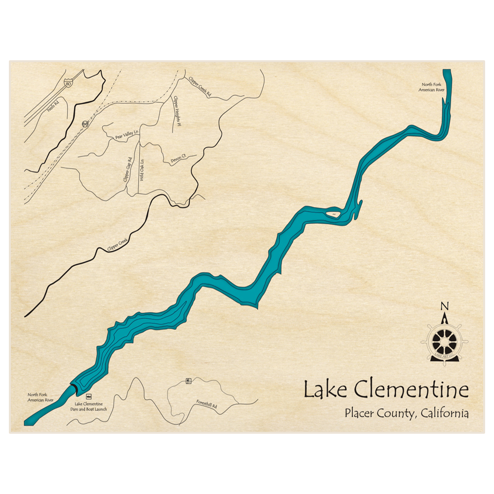 Bathymetric topo map of Lake Clementine  with roads, towns and depths noted in blue water