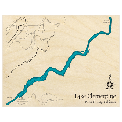 Bathymetric topo map of Lake Clementine  with roads, towns and depths noted in blue water
