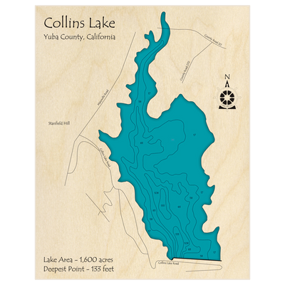 Bathymetric topo map of Collins Lake with roads, towns and depths noted in blue water