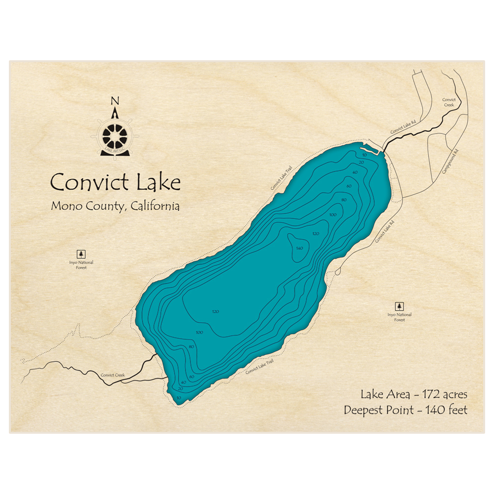 Bathymetric topo map of Convict Lake with roads, towns and depths noted in blue water