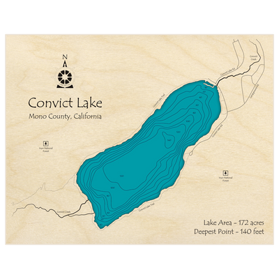 Bathymetric topo map of Convict Lake with roads, towns and depths noted in blue water