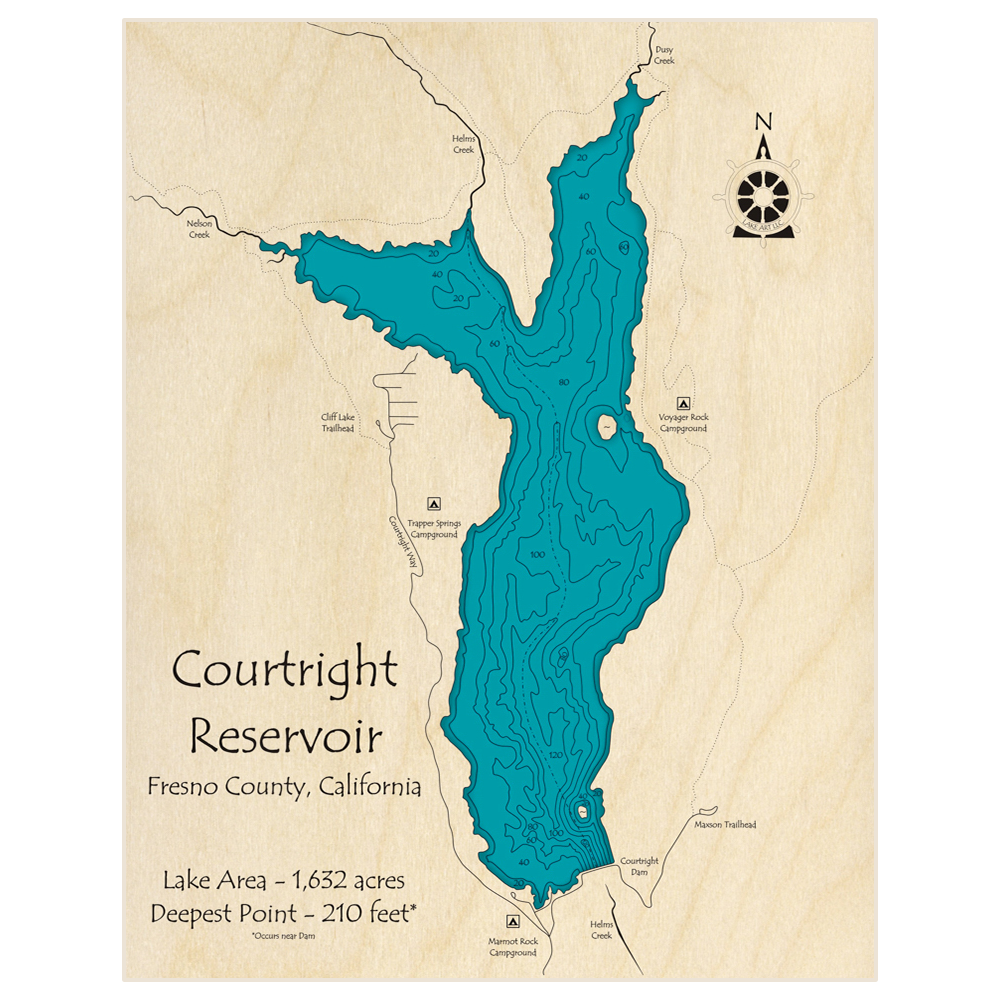 Bathymetric topo map of Courtright Reservoir with roads, towns and depths noted in blue water