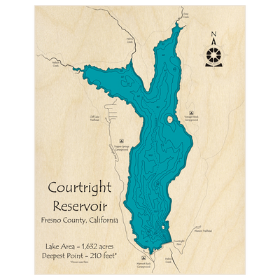 Bathymetric topo map of Courtright Reservoir with roads, towns and depths noted in blue water