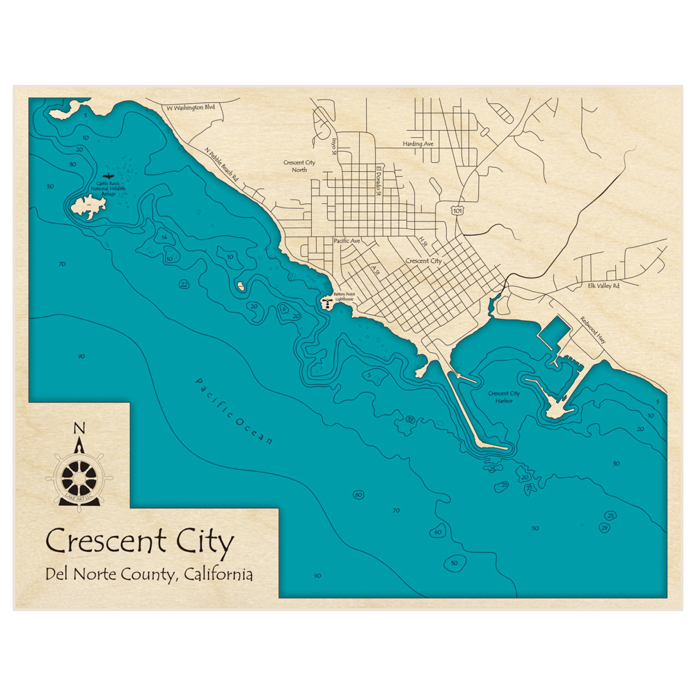 Bathymetric topo map of Crescent City with roads, towns and depths noted in blue water