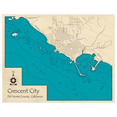 Bathymetric topo map of Crescent City with roads, towns and depths noted in blue water