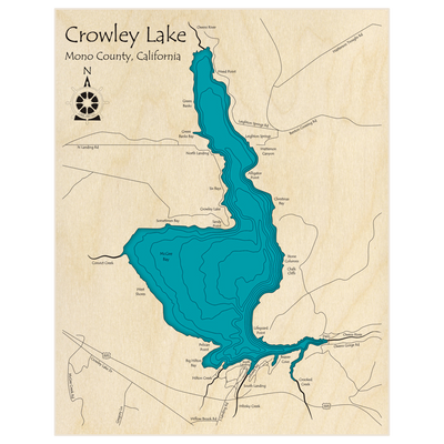 Bathymetric topo map of Crowley Lake  with roads, towns and depths noted in blue water