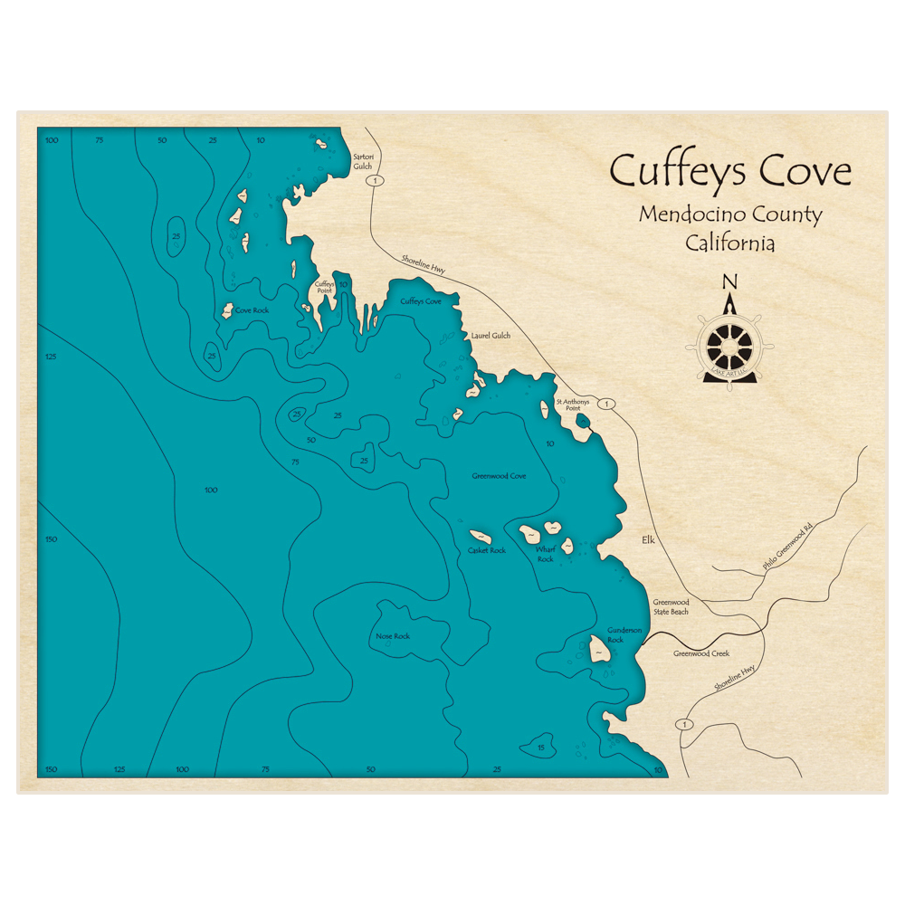 Bathymetric topo map of Cuffeys Cove with roads, towns and depths noted in blue water