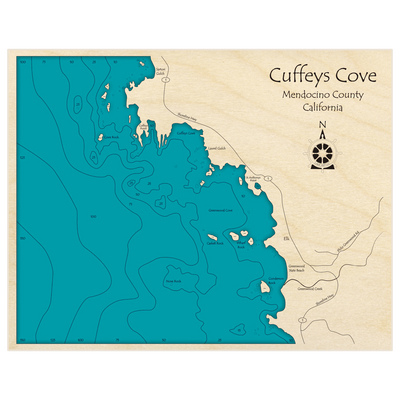 Bathymetric topo map of Cuffeys Cove with roads, towns and depths noted in blue water