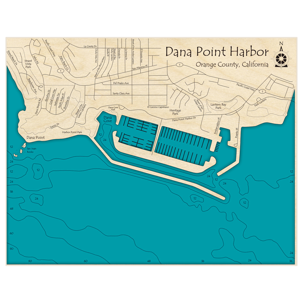 Bathymetric topo map of Dana Point Harbor with roads, towns and depths noted in blue water