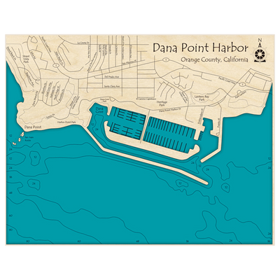 Bathymetric topo map of Dana Point Harbor with roads, towns and depths noted in blue water