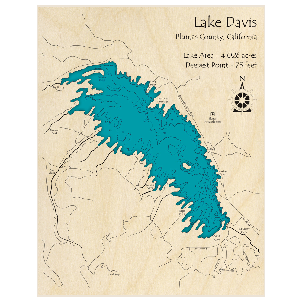 Bathymetric topo map of Lake Davis with roads, towns and depths noted in blue water