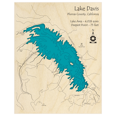 Bathymetric topo map of Lake Davis with roads, towns and depths noted in blue water