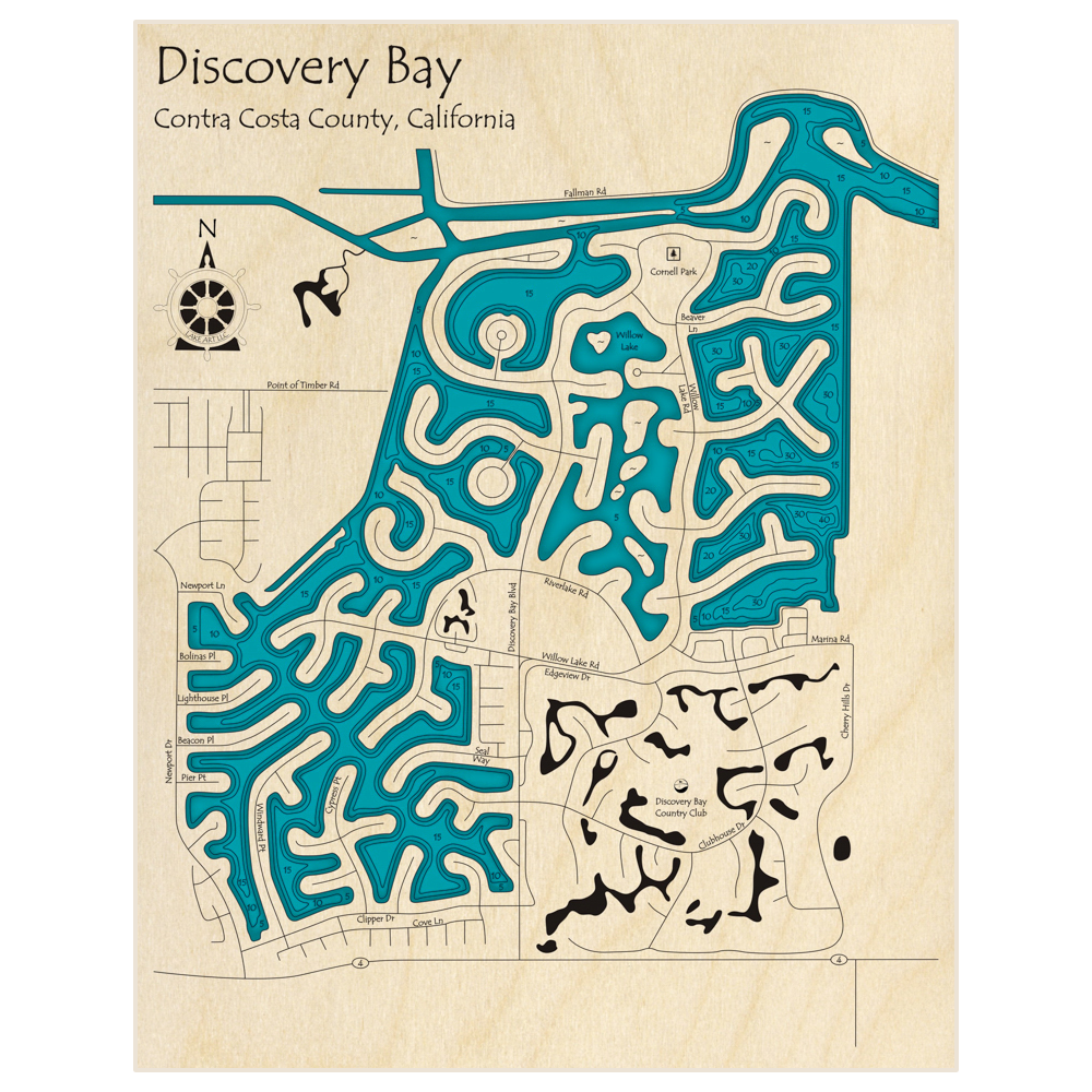 Bathymetric topo map of Discovery Bay with roads, towns and depths noted in blue water