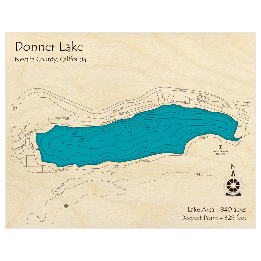 Bathymetric topo map of Donner Lake with roads, towns and depths noted in blue water