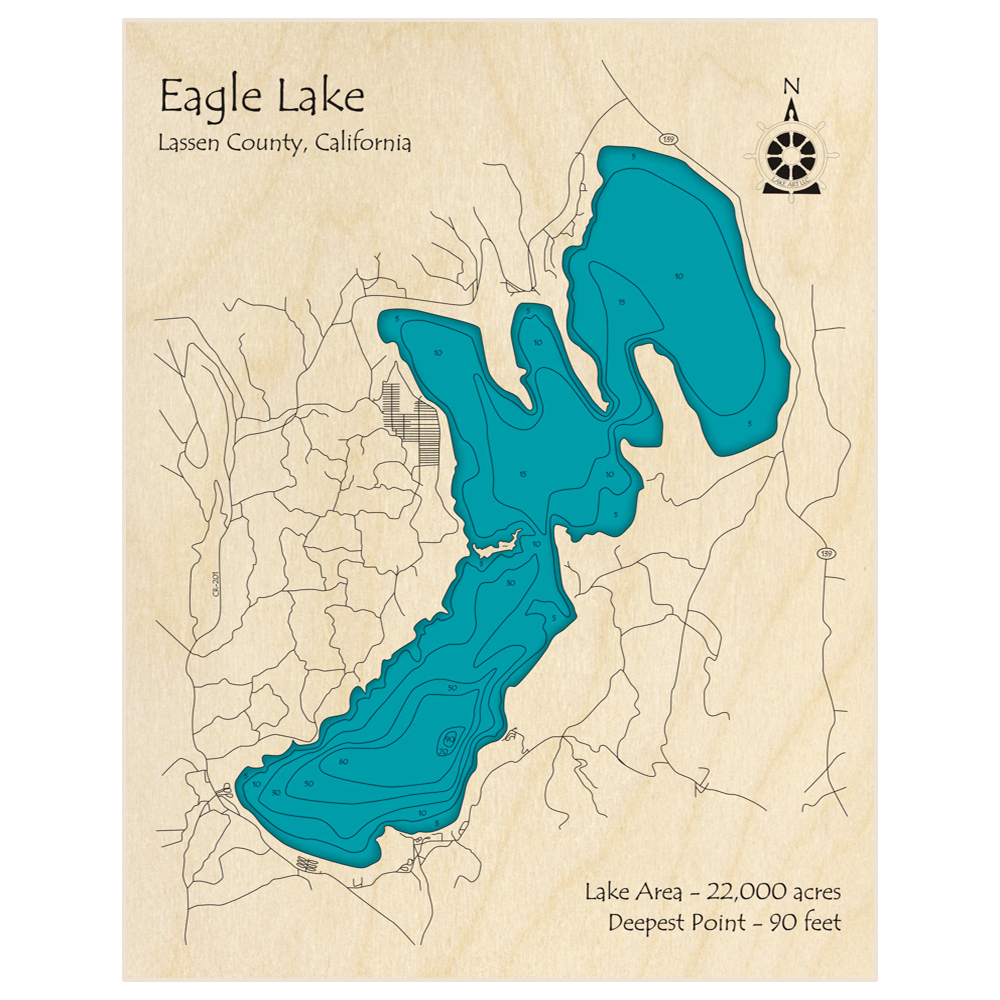 Bathymetric topo map of Eagle Lake with roads, towns and depths noted in blue water