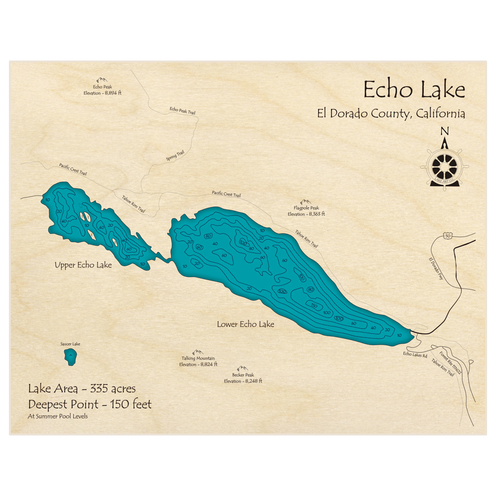 Bathymetric topo map of Echo Lake with roads, towns and depths noted in blue water