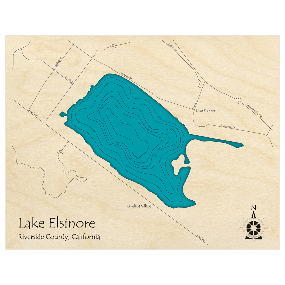 Bathymetric topo map of Lake Elsinore  with roads, towns and depths noted in blue water