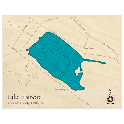 Bathymetric topo map of Lake Elsinore  with roads, towns and depths noted in blue water